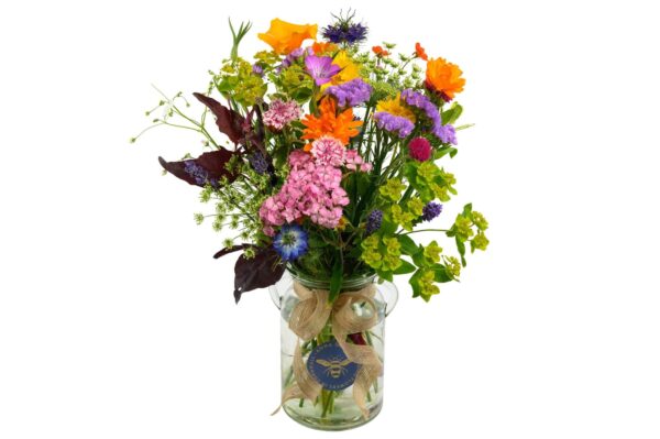 Cornish and English Cut Flowers in a Glass Milk Churn Vase